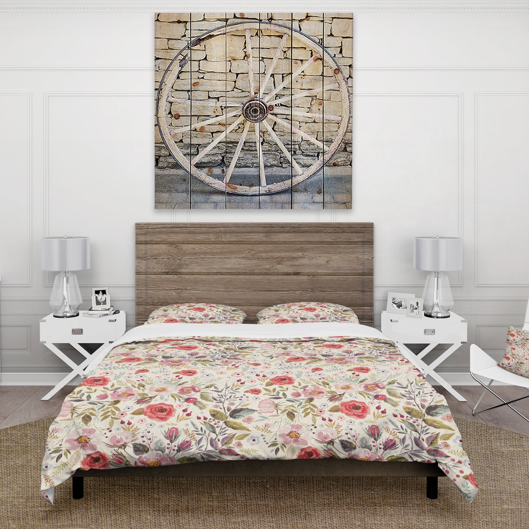 Designart 'Vintage Red Pink Flower and Leaves' Rustic Duvet Cover Set