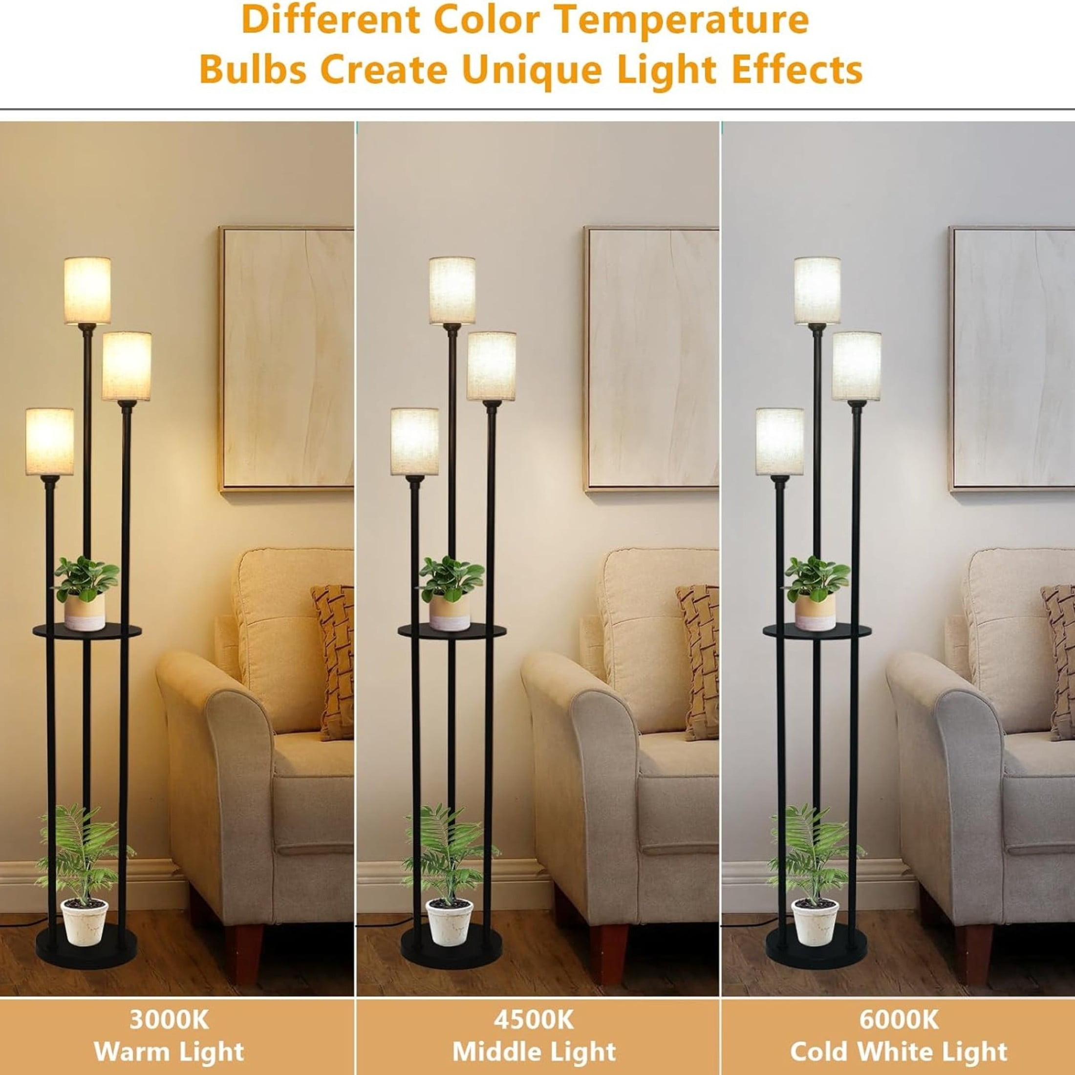 Noble House 3-Light Floor Lamp with Shelves, Black Industrial Tall Lamp with Linen Shades and Foot Switch, Black