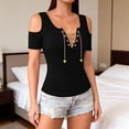 thumbnail image 2 of Htigea Women's Cold Shoulder Short Sleeve Tops Chains V-Neck T-Shirts Summer Trendy Going Out Club Tees Black S, 2 of 8