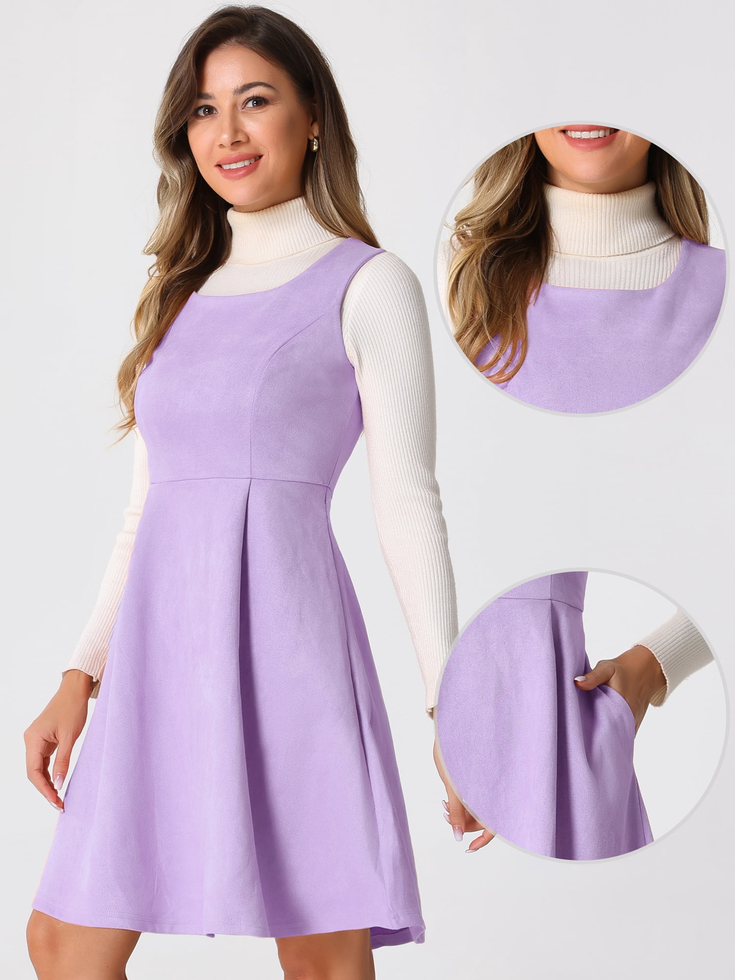DARING DIVA Women's Sleeveless A Line Pleated Faux Suede Overall Dress M Purple