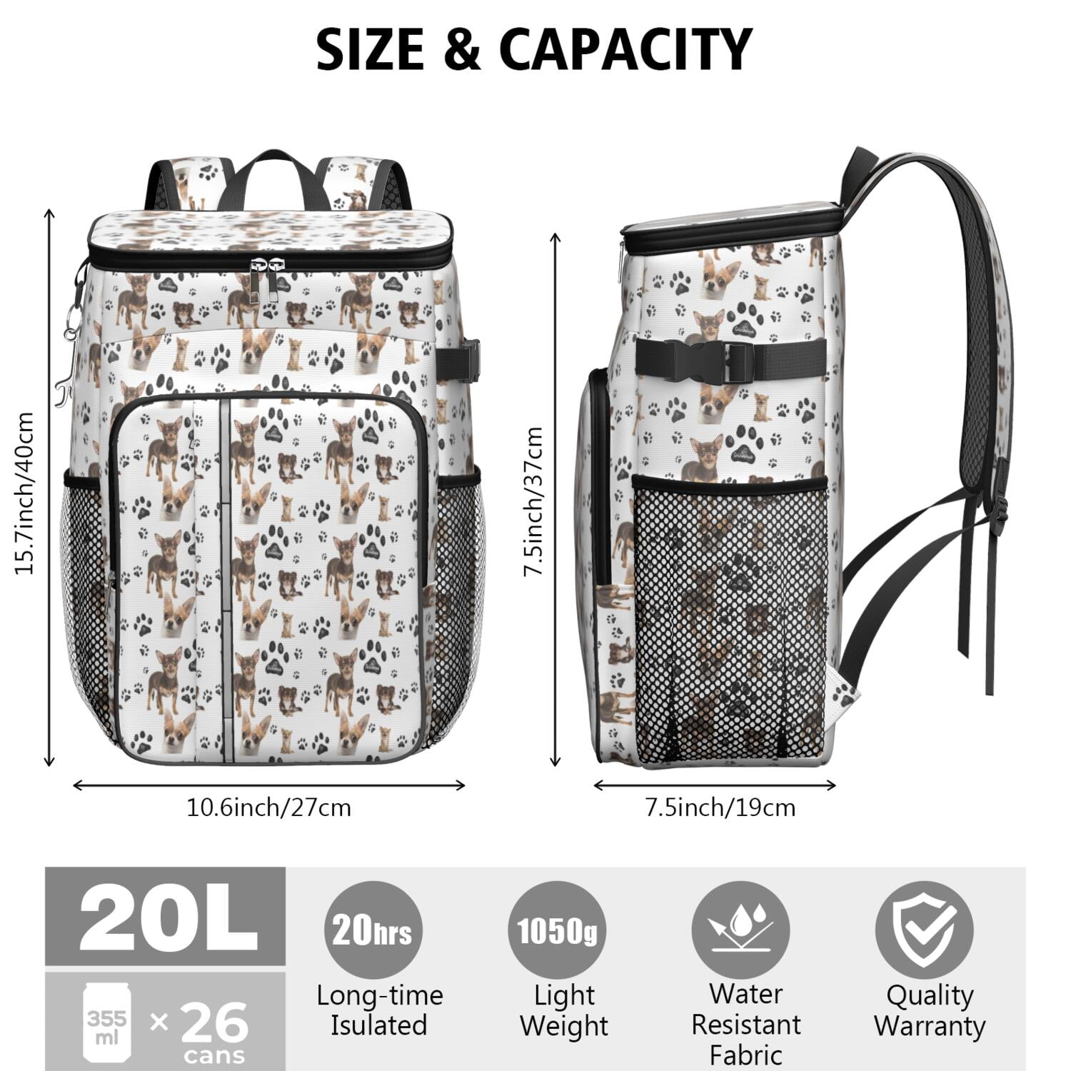 Travel Cooler Bag - Chihuahua and Footprints Camping Beer Cooler Backpack with Bottle Opener- Waterproof Insulated Picnic Backpacks - Cooler Bag for Beach
