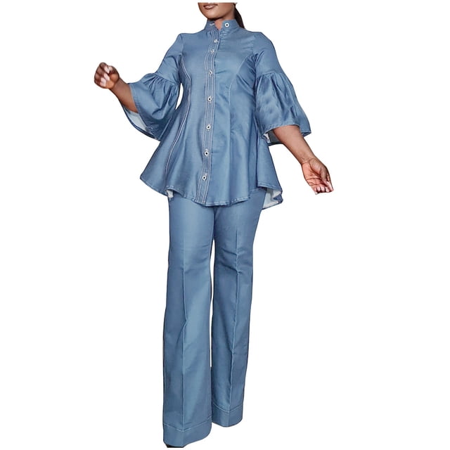Hvobtty Ensemble Décontracté pour Femmes à Manches Longues et Col Rond, Ensemble 2 Pcs en Denim Uni avec Pantalon Droit Boutonné et Haut/chemise à Manches Longues et Col Rond