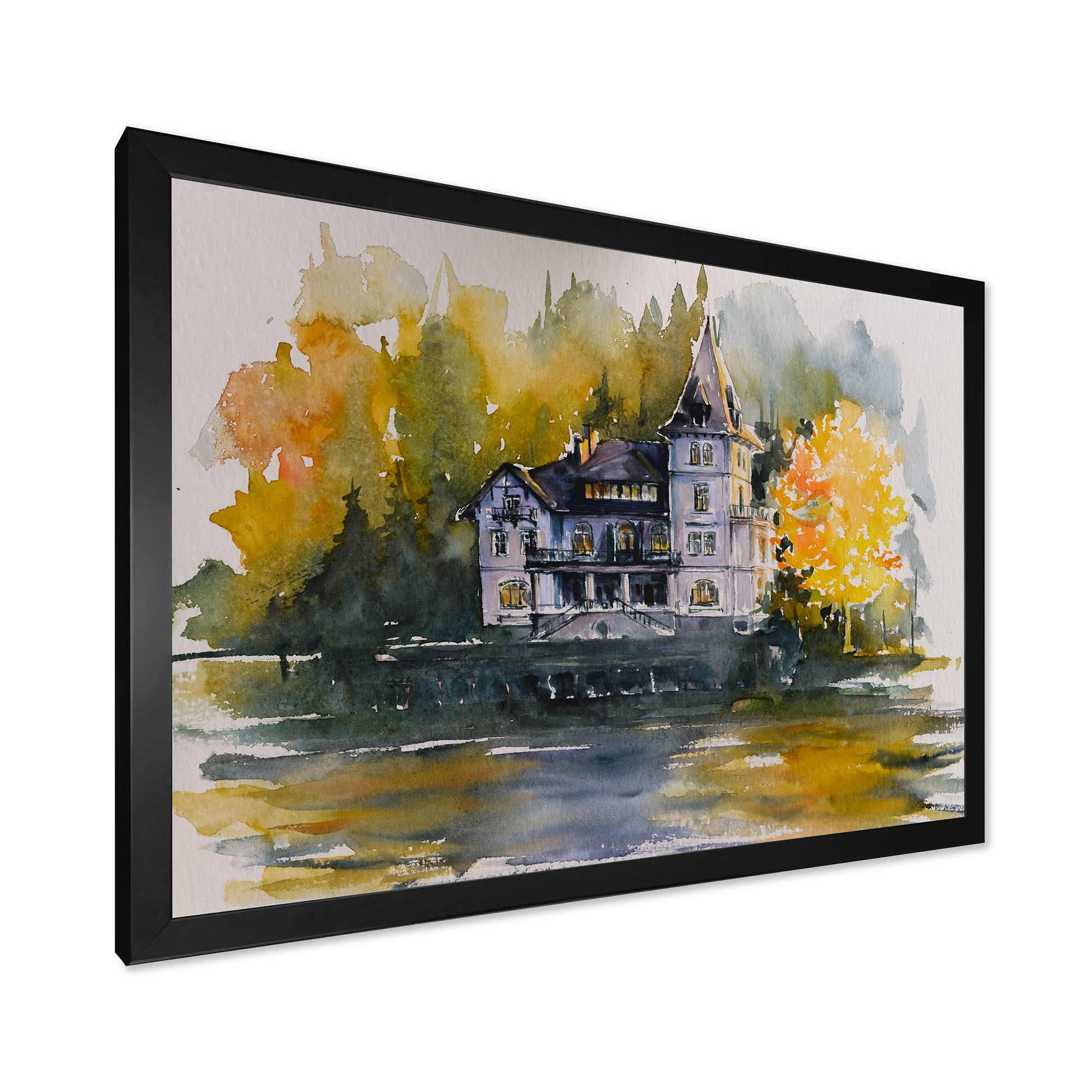 Designart 'Castle With Autumn Trees By The Lake' Lake House Framed Art Print