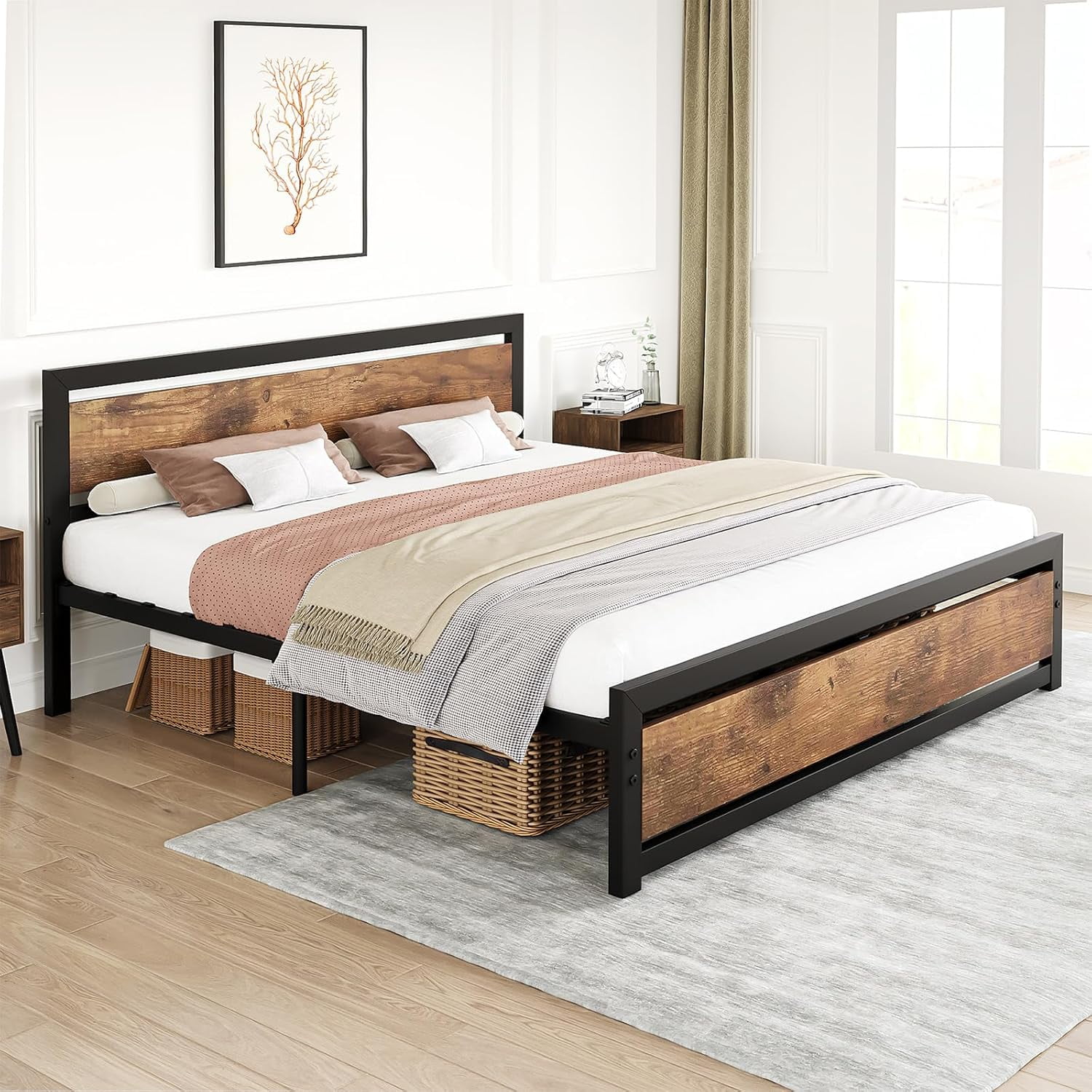 King Size Bed Frame, Industrial King Bed Platform with Headboard, Easy Assemble Mattress Bedframe in Retro Brown, No Box Spring Needed
