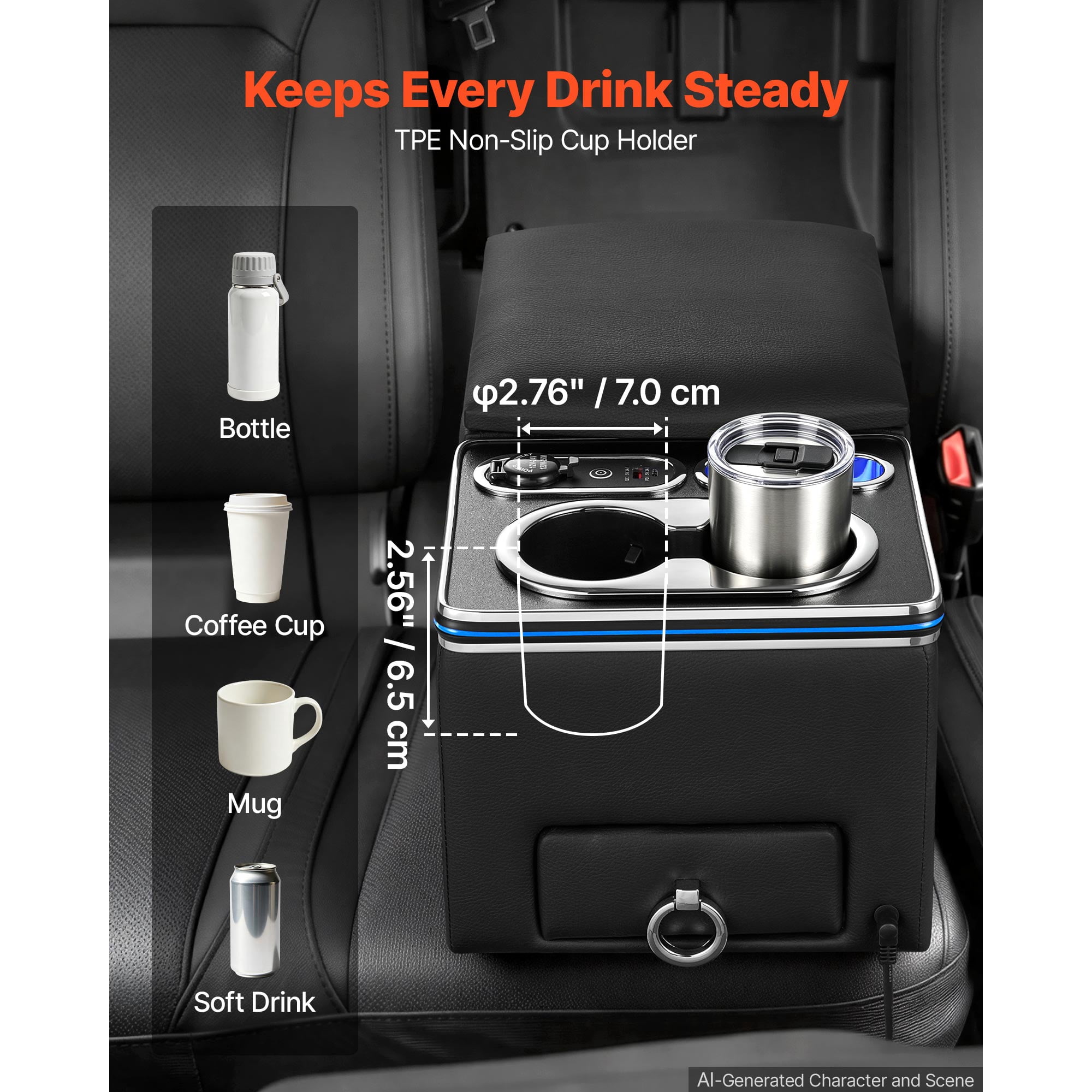 KFFKFF Universal Rear Bench Seat Center Console with Multi-Color Ambient Lighting, USB/Type-C/Cigarette Lighter Charging Ports, Back Seat Organizer with Cup and Phone Holders for MPV, Sedan, SUV