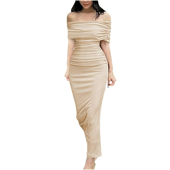 IROINNID Wedding Guest Dresses for Women Evening Night Party Dress Short Sleeve Strapless Backless Tube Top Evening Long Dress Elegant Formal Dress,Beige