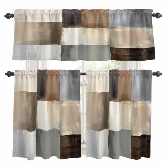 Abstract Brown Beige Kitchen Curtains Sets for Windows 36 Inch Length, Simple Oil Painting Art Rod Pocket Window Treatments Tier Curtains and Valances Set for Bedroom/Bathroom