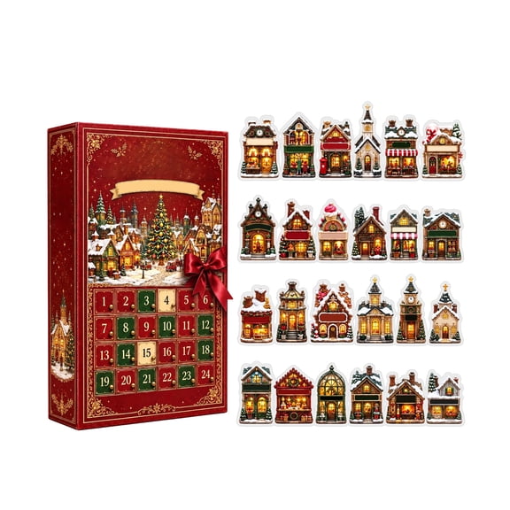 Lighted Miniature Christmas Village Houses Ornaments, Set of 24, Red and Gold