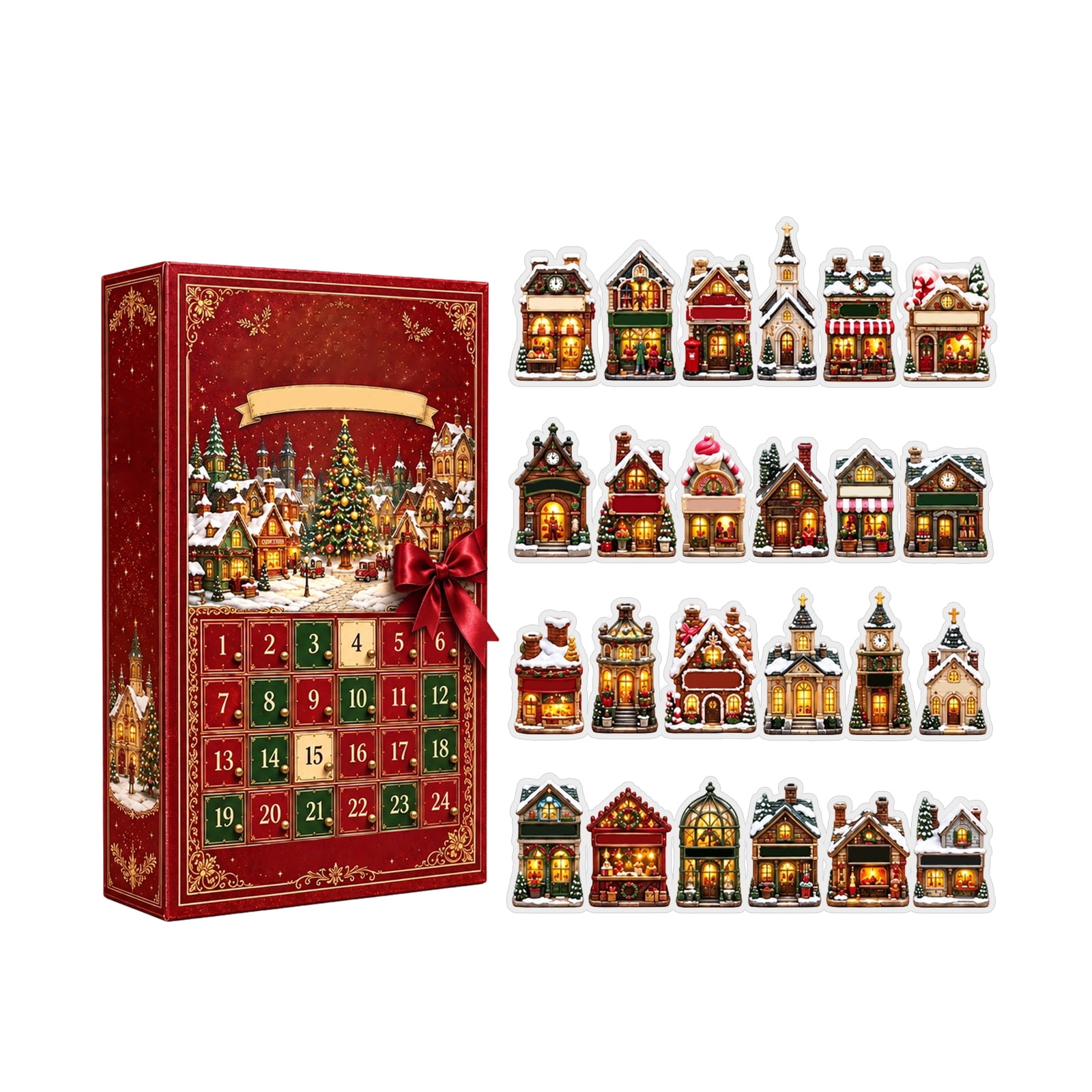 Vintage Christmas Village Advent Calendar 2026 24Pcs 2D Acrylic Tiny House Hanging Ornaments Christmas Countdown Blind Box with Retro Town Building Charms Holiday Tree Decor