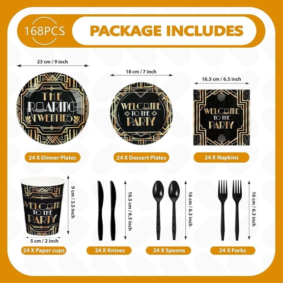 UDGIU-168Pcs Roaring 20s Party Decorations Great 1920s Party Plates Napkins Cups Forks Knives Spoons Black and Gold Retro Jazz Tableware for Speakeasy Bachelor Retirement Movie Night Supplies Serves