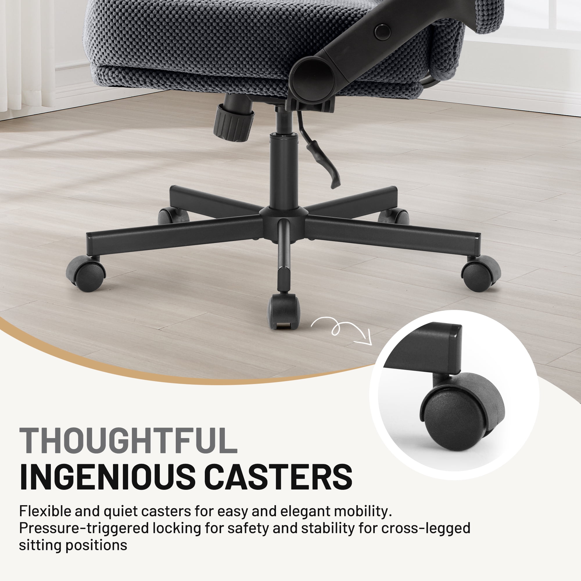 Criss Cross Chair with Flip-up Armrests, Wide Cross Legged Office Chair, Fabric Ergonomic Desk Chair with Wheels, Lumbar Support, Swivel Vanity Chair for Home Office, Bedroom, Study