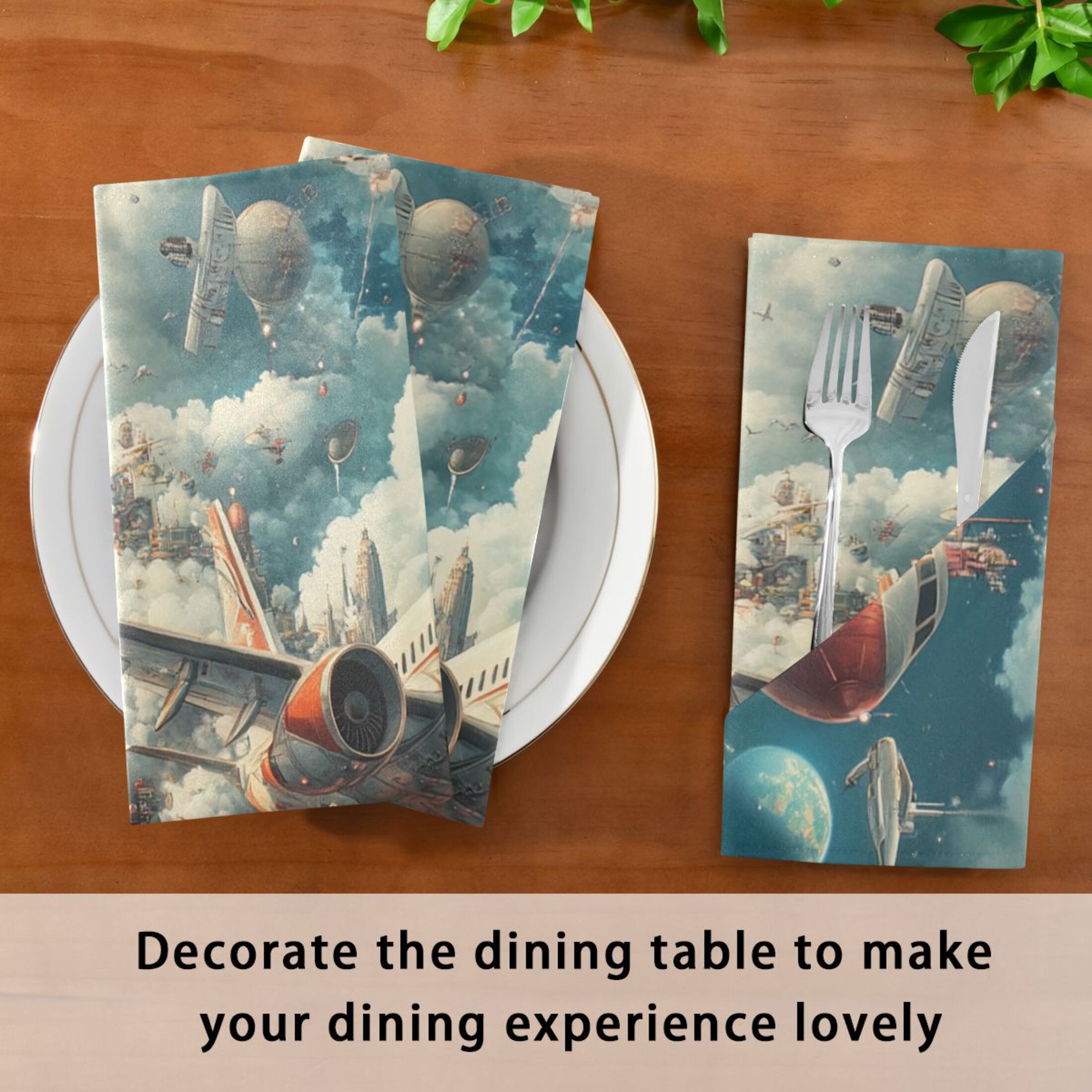 Satin Native Fab Cotton Dinner Napkin Futuristic Cityscape with Airplane Reusable