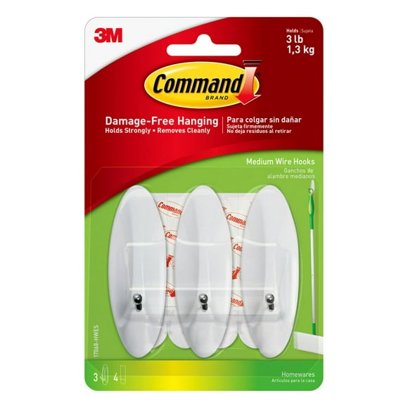 Command Medium Wire Hooks 3/Pkg-White 3 Hooks & 4 Strips 17068HWE