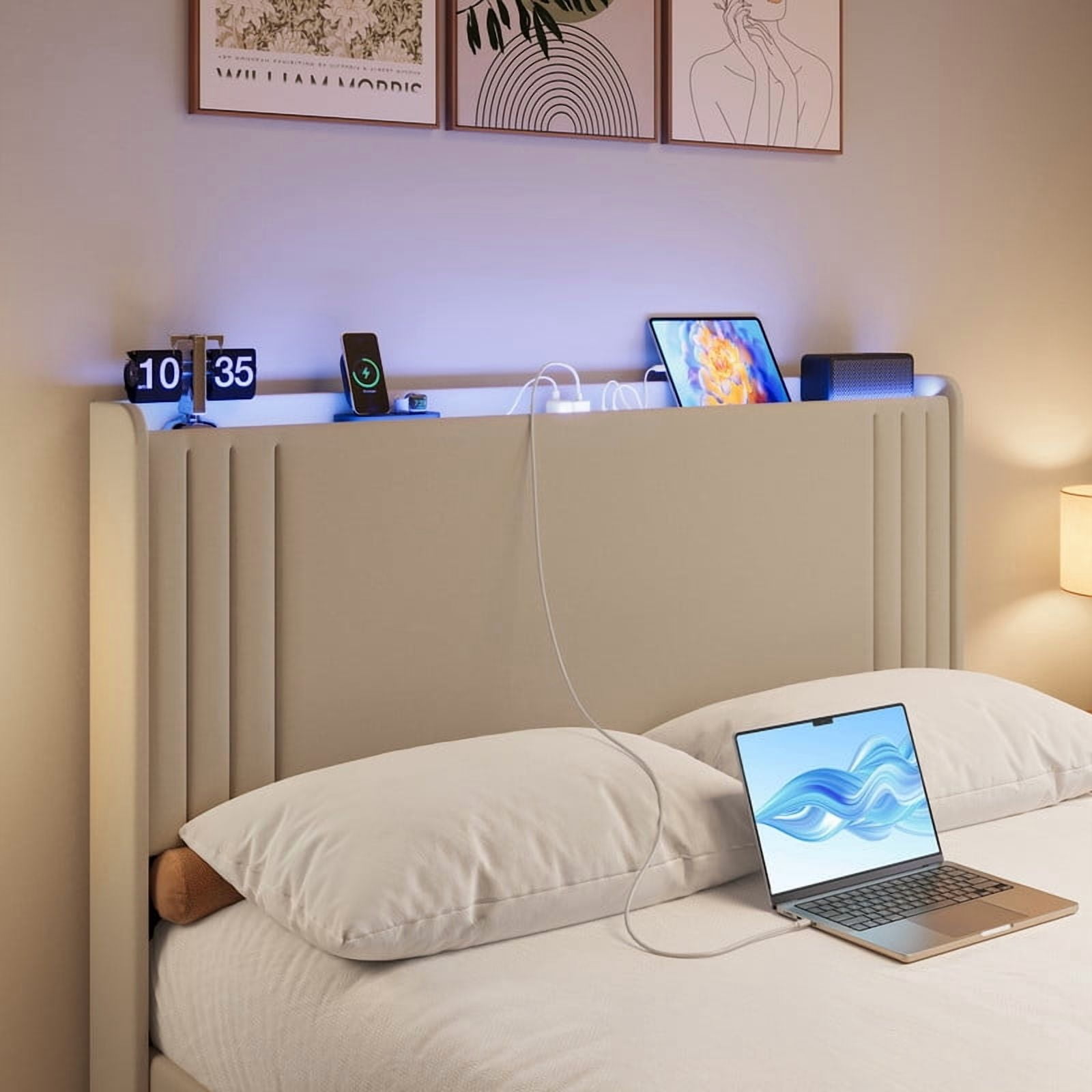 Queen Bed Frame Storage Headboard, Metal Platform Bed with Charging Station and LED Lights,Upholstered Wingback Platform Bed with Wooden Slats,Noise-Free,No Box Spring Needed,Bedroom