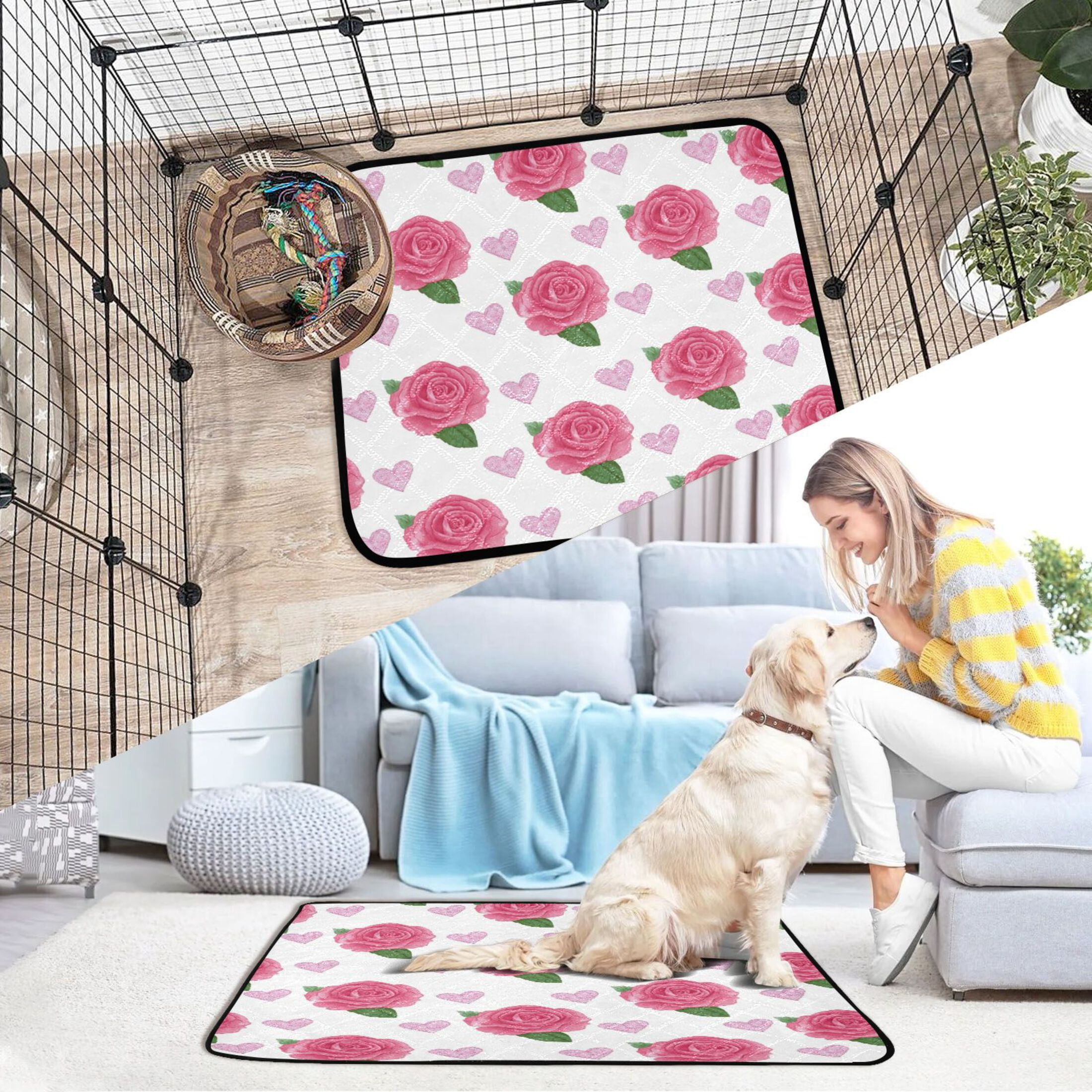Washable Pet Pee Pads Soft Plush Absorbent Mat Non-Slip Floor Protector for for Dogs & Cats Pink Roses and Red Hearts