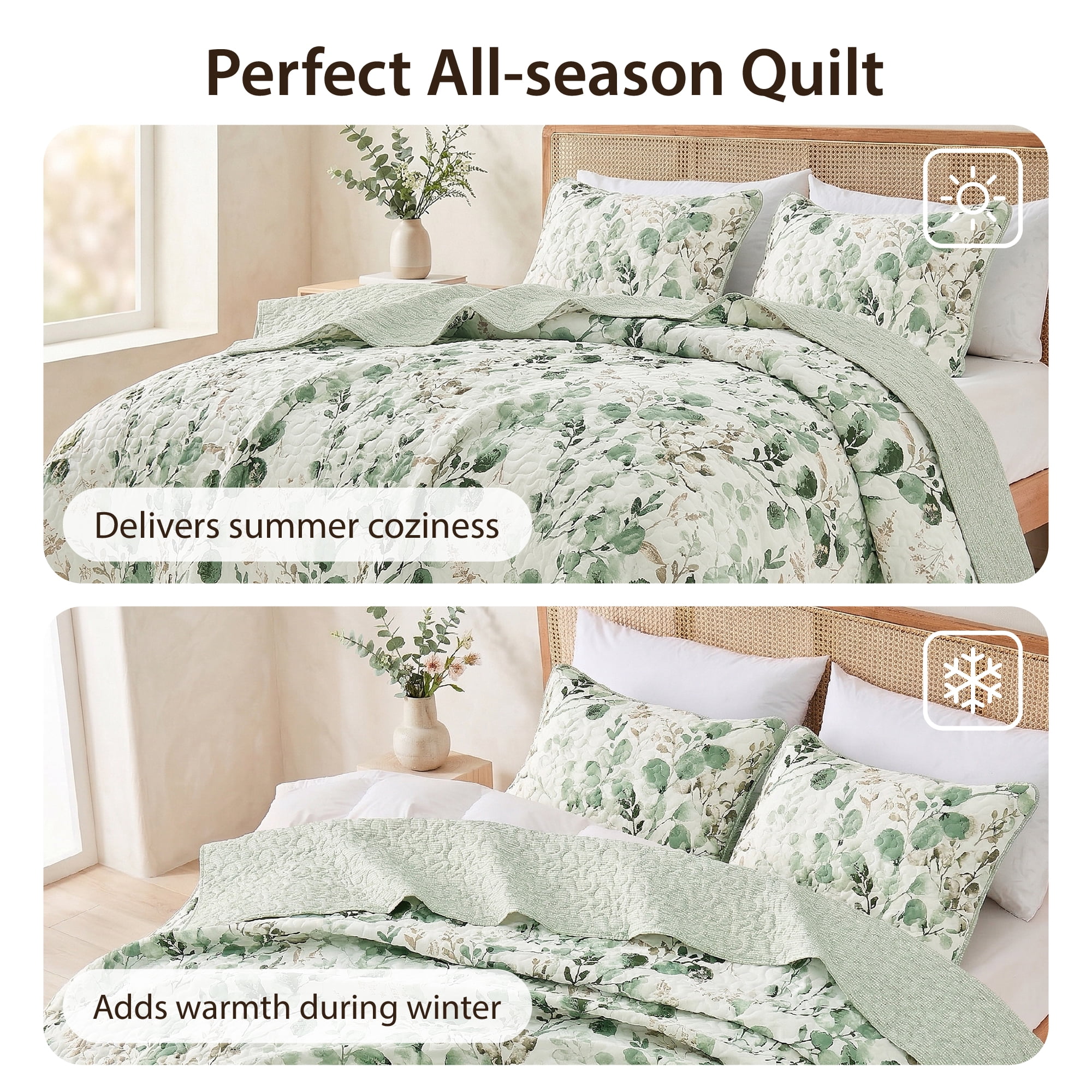 Regency Heights Full/Queen Botanical Quilt Set, 3-Piece Reversible Floral Summer Quilt Coverlet Bedding Set, Green Quilted Bedspread with Shams for All Season
