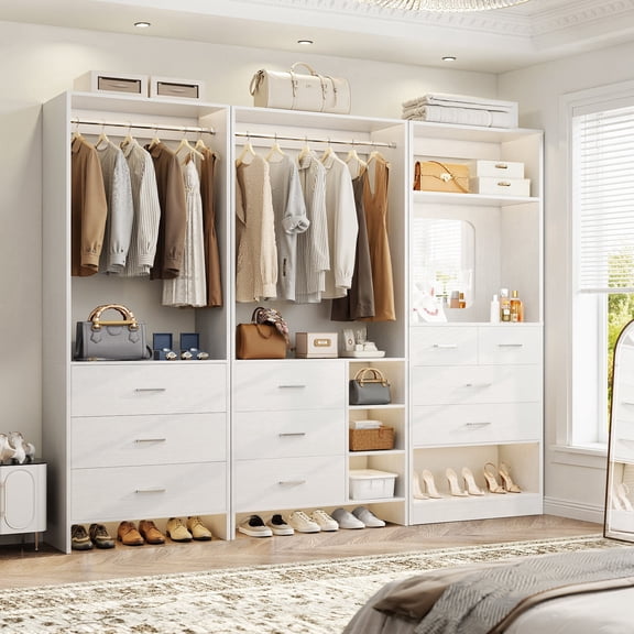 Homieasy 79'' Wide Closet System Set of 3, Closet Storage & Organization Unit with 10 Drawrs & 2 Hanging Rods, White