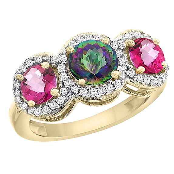 14K Yellow Gold Natural Mystic Topaz & Pink Topaz Sides Round 3-stone Ring Diamond Accents, size 10
