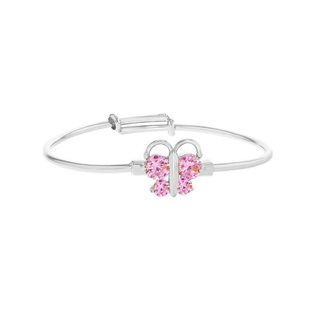 Rhodium Plated Baby Bangle Bracelet Butterfly Pink CZ Birth Gift Newborn