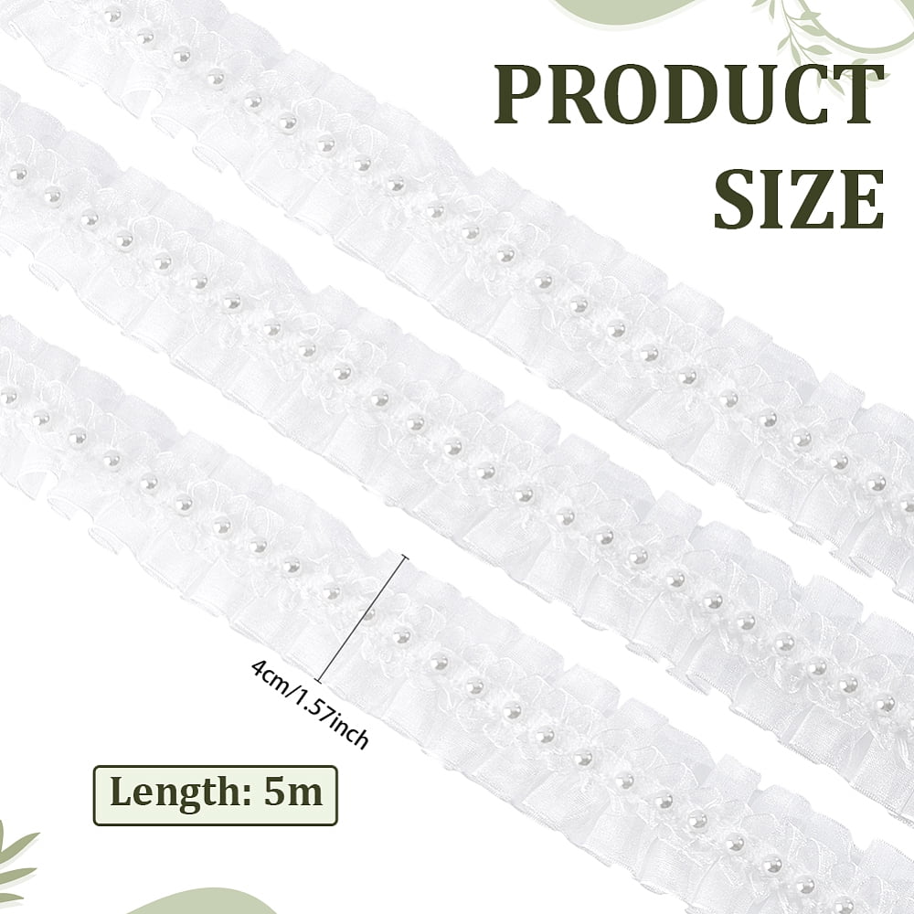 5M Chiffon Flower Lace Trim Ribbon with Imitation Pearl for Garment Accessories Gift Decoration White 1-5/8 inch(40mm) for DIY