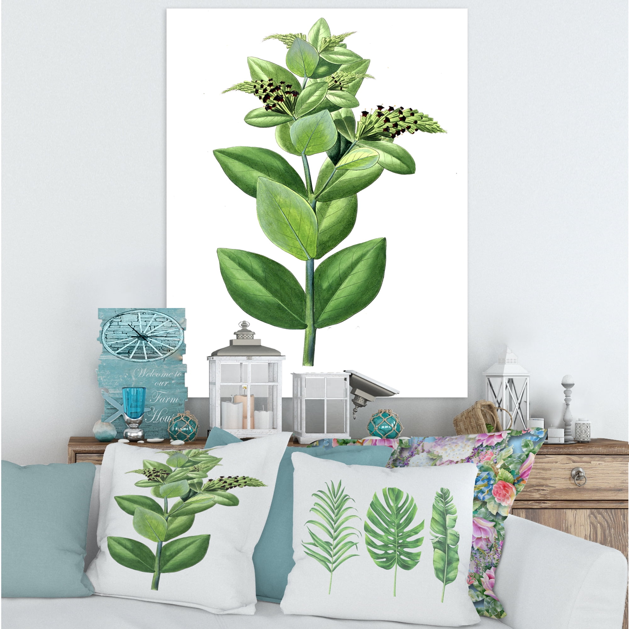 Ancient Green Leaves Plants VI 16 in x 32 in Painting Canvas Art Print, by Designart