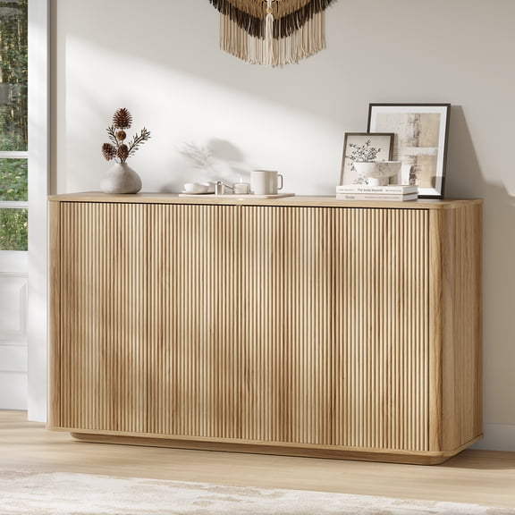 MARNUR Sideboard Buffet Cabinet, Storage Cabinet 55"W with Adjustable Shelves, Anti-Tip, Easy Clean Top, Stylish Wave Style, Oak