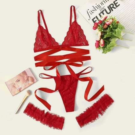 USSUMA Lingerie for Women  Women Plus Size Lace Lingerie Leg G-String Bra Underwear Set Sleepwear on Clearance up to 50% off Red M