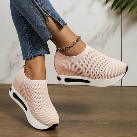 XDDST Womens Flats Comfortable Dressy New Hollow Mesh Women Single Shoes Flying Woven Casual Wedge Heel Thick Bottom Slip On Casual Shoes Red