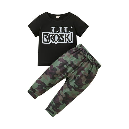 

JYYYBF 2PCS Toddler Baby Boy Pants Suit Letter Print Short Sleeve Crew Neck T-shirt Tops Elastic Waist Camouflage Trousers Set