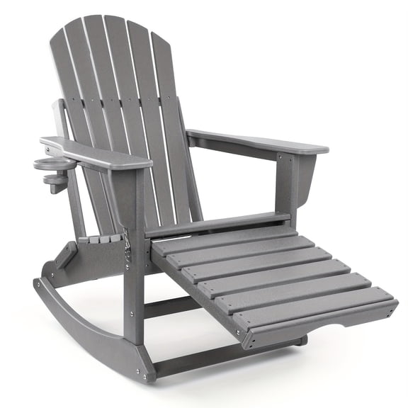 Heavy-Duty Folding Adirondack Chair with Ottoman & Cup Holders, 350LBS Capacity, Extra Wide Seat All-Weather HDPE Outdoor Rocking Chair for Patio, Fire Pit, Deck, Garden
