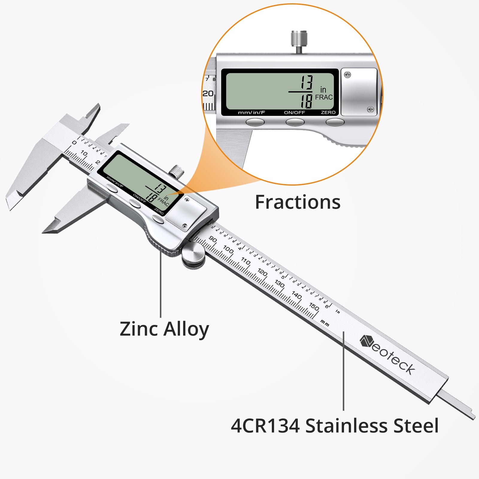 Neoteck 8" Electronic Digital Vernier Caliper LCD Stainless Steel + Feeler Gauge LCD Display