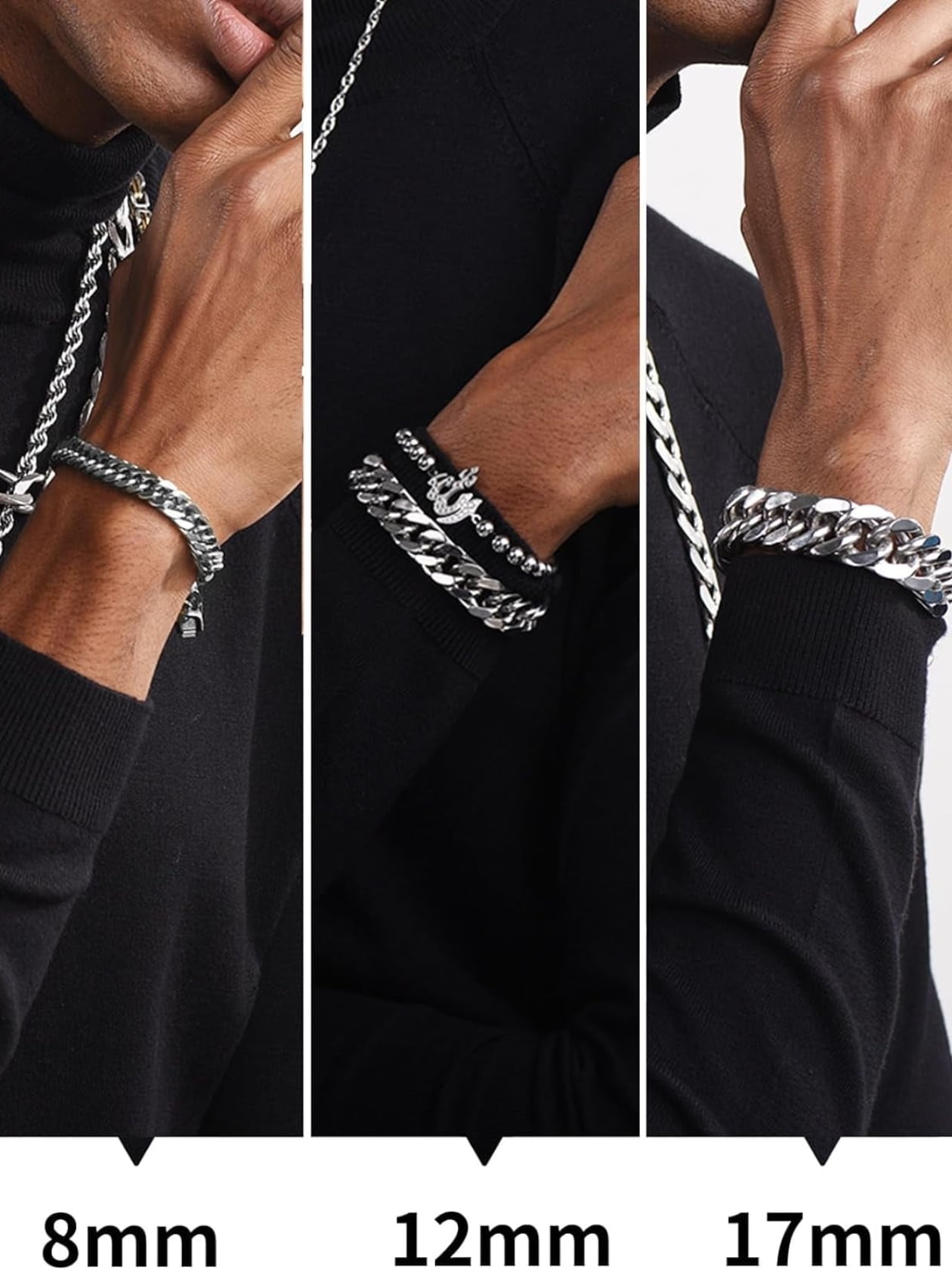 ChainsHouse Silver Cuban Link Bracelet for Men Chunky 8mm/12mm/17mm Width Men's Chain Bracelets Stainless Steel Punk Jewelry Gift