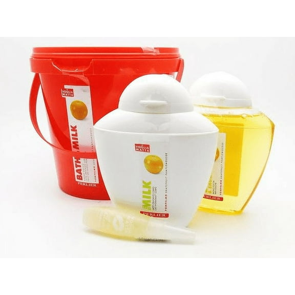 Perlier La Voglia Matta Bath & Milk Bucket Set: Grapefruit Bath & Shower 5 Fl Oz., Grapefruit Moisturizing Body Milk 5 Fl Oz., Vanilla Fruit Gel Gloss .27 Fl Oz.