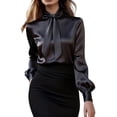 thumbnail image 2 of Women's Elegant Satin Blouse, Fall Long Sleeve Tie Neck Shirt with Two Back Buttons, Formal Office Work Top and Special Occasion Blouse for Women Black L, 2 of 5