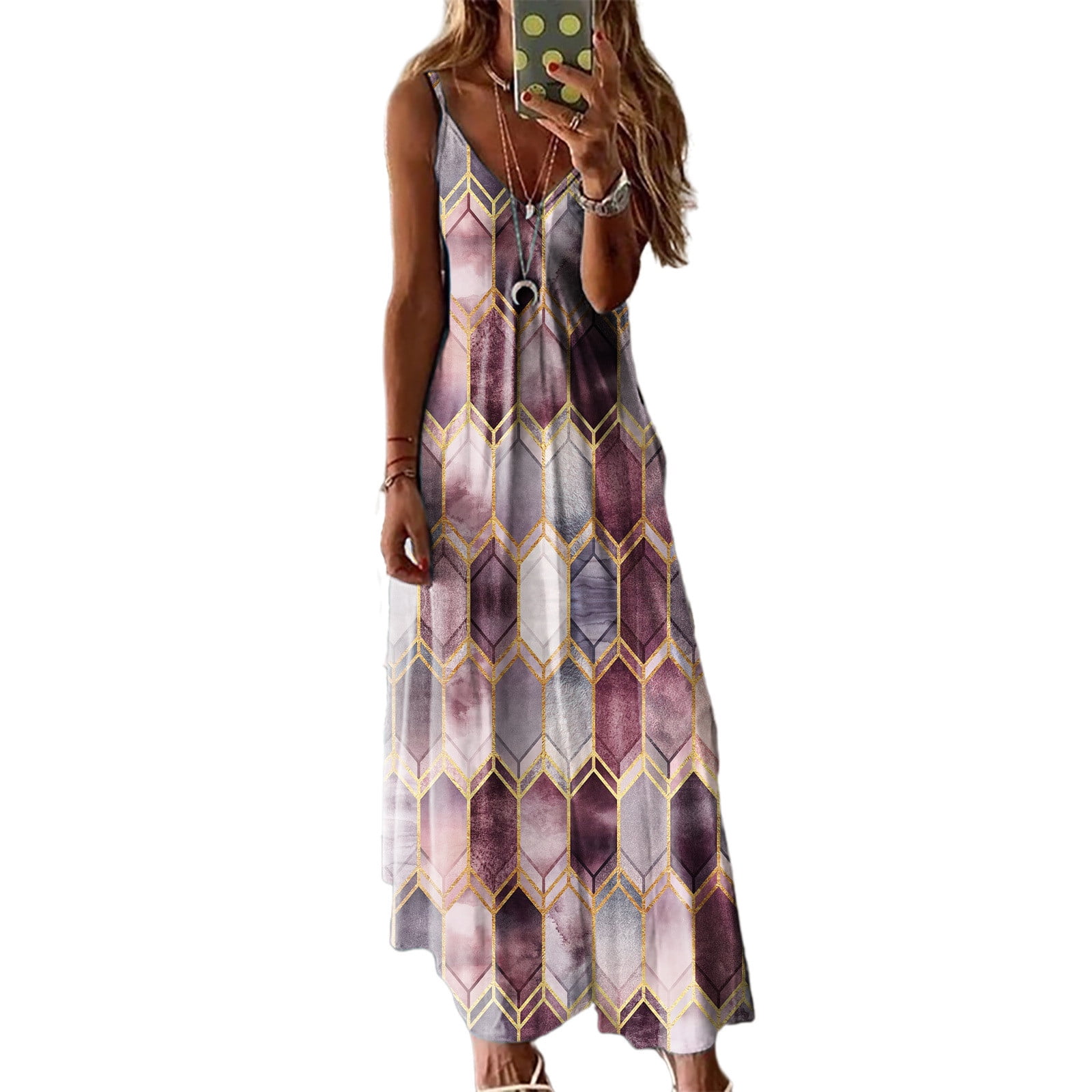 Handyulong Women's Sleeveless Boho Maxi Dress - V-Neck, Flowy Summer Beach Dress, Blue, Large
