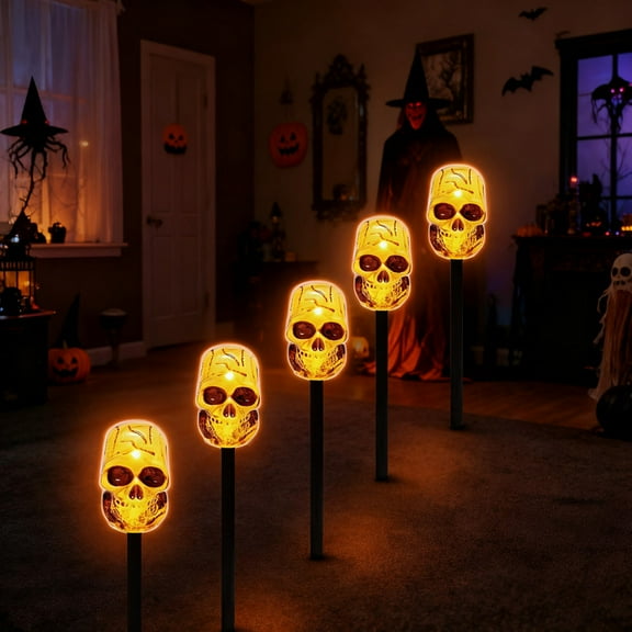 5PCS Halloween Skull Pathway Lights Outdoor | 16-Inch Marker Stake Lights | 16 Lighting Modes | 20,000H Energy-Saving LEDs | Waterproof for Yard, Patio, Walkway, Driveway