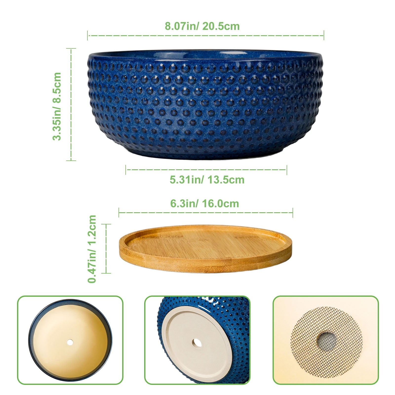 8 inch Succulent Planter Bowl, Round Ceramic Pot with Drainage Hole & Bamboo Tray,Shallow Flower Pots for Indoor Plants Cactus Blue