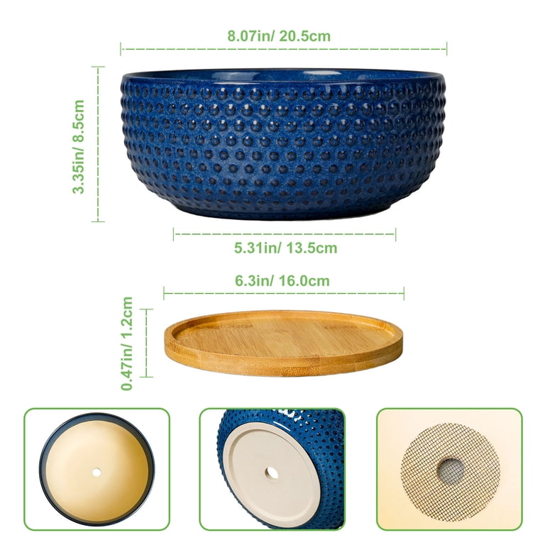 Ordivic 8" Blue Ceramic Shallow Planter with Bamboo Saucer photo 5