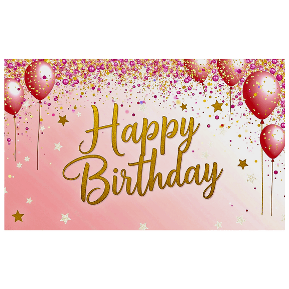 Pink and Gold Glittery Happy Birthday Banner with Balloons and Stars Background, Party Decoration, Birthday Party Supplies, Photography Props, Backdrop Decor for Celebrations