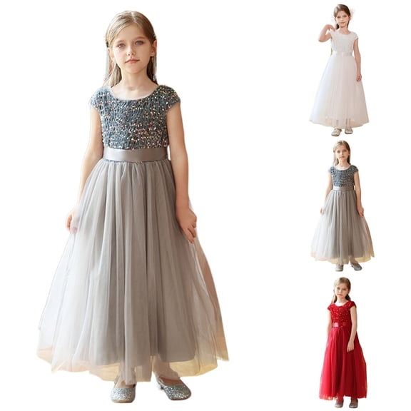 SGMVNU Girls Dresses Short Sleeve Sequins Bowknot Flowy Long Pageant Dress Wedding Gown Birthday Party Formal Flower Girl Dress, Size 7-8 Years, Grey