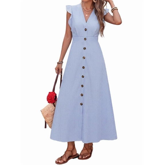 Women's Striped V-Neck Ruffle Sleeve Button Front Waist Belt Maxi Dress Blue S