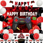 Video Game Birthday PriNst Party Decorations Red and Black Gamer Game on Party Supplies Video Game Happy Birthday Backdrop Banner Cake Topper Game Controller Foil Balloon for Boys