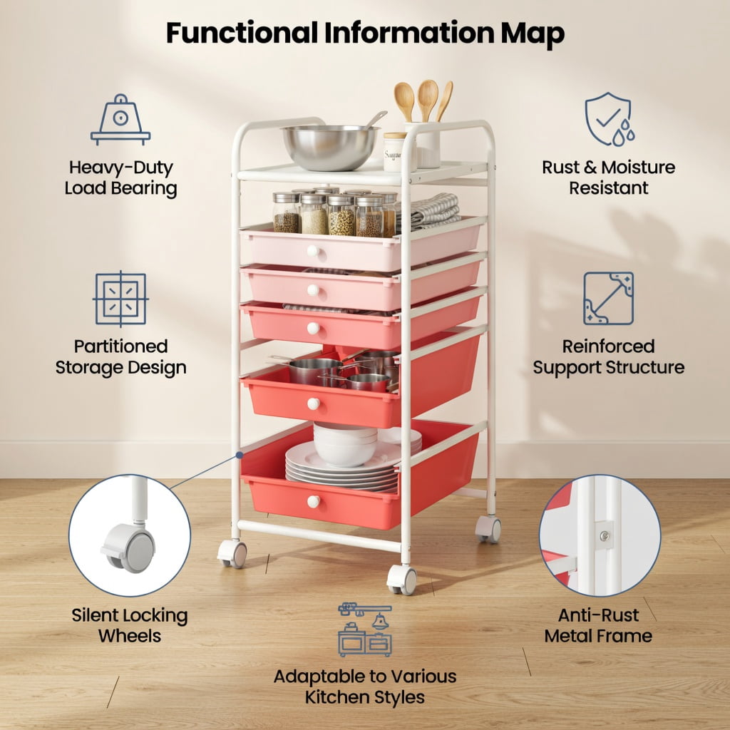 Spaco 6 Drawers Rolling Storage Cart Organizer-Pink, Craft Organizers and Storage, Multipurpose Organizer Cart for Home, Office, School
