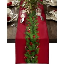 Christmas Table Runners 108 inches Long, Xmas Trees Red Cotton Linens Table Cloth Dresser Scarves for Wedding Dinning Tables Parties Holiday Home Decor, Holly Berry Candy Cane Table Decorations