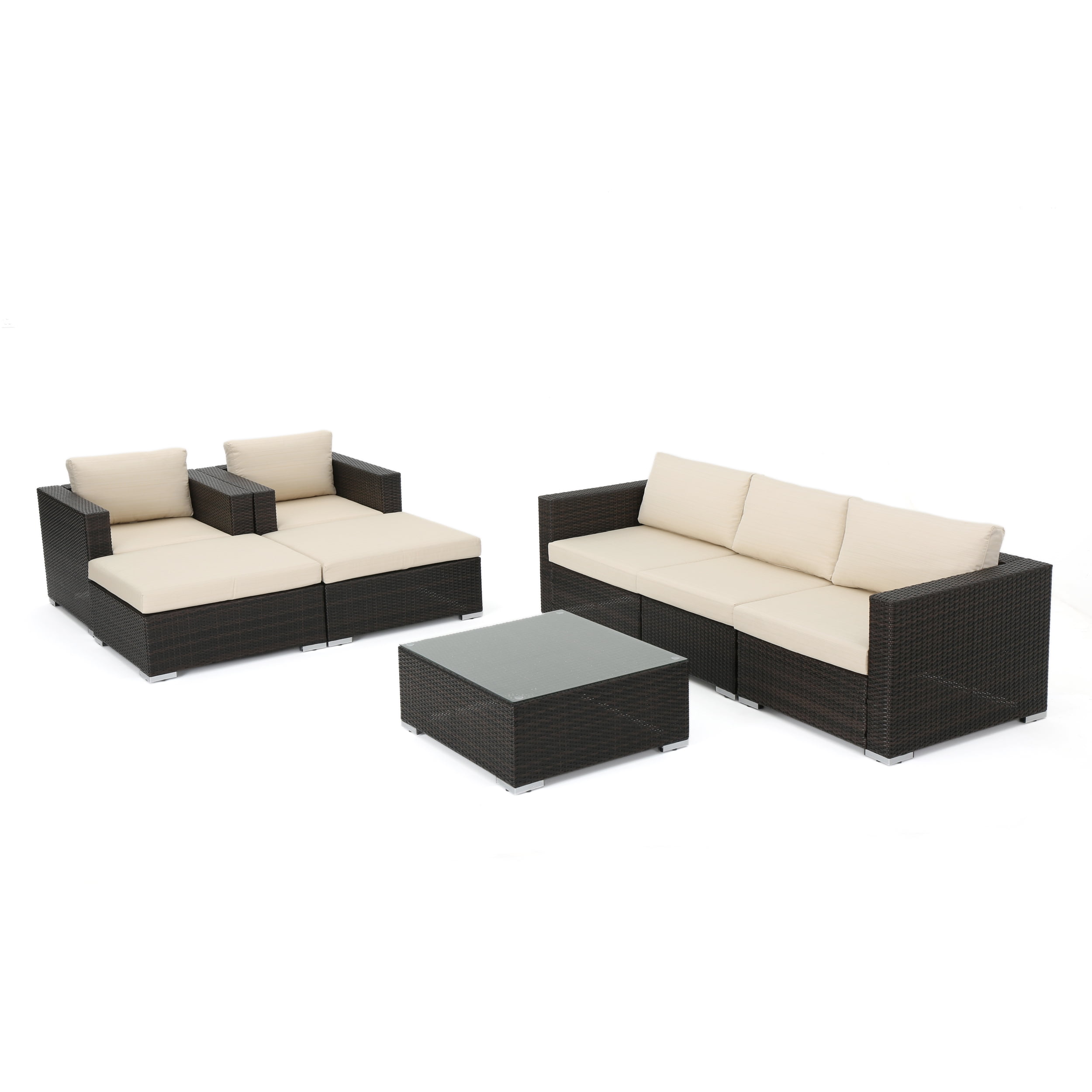 Faviola Outdoor 5 Seater Wicker Chat Set with Aluminum Frame and Cushions, Multibrown, Beige