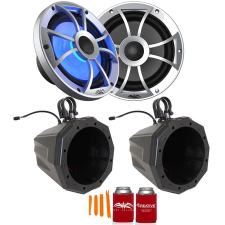Wet Sounds Recon8-S RGB 8 Sliver Grill Marine Speakers with US2-C8 Universal 8-inch Cage Mount Speaker Pods Including 1.50 Dual Clamps