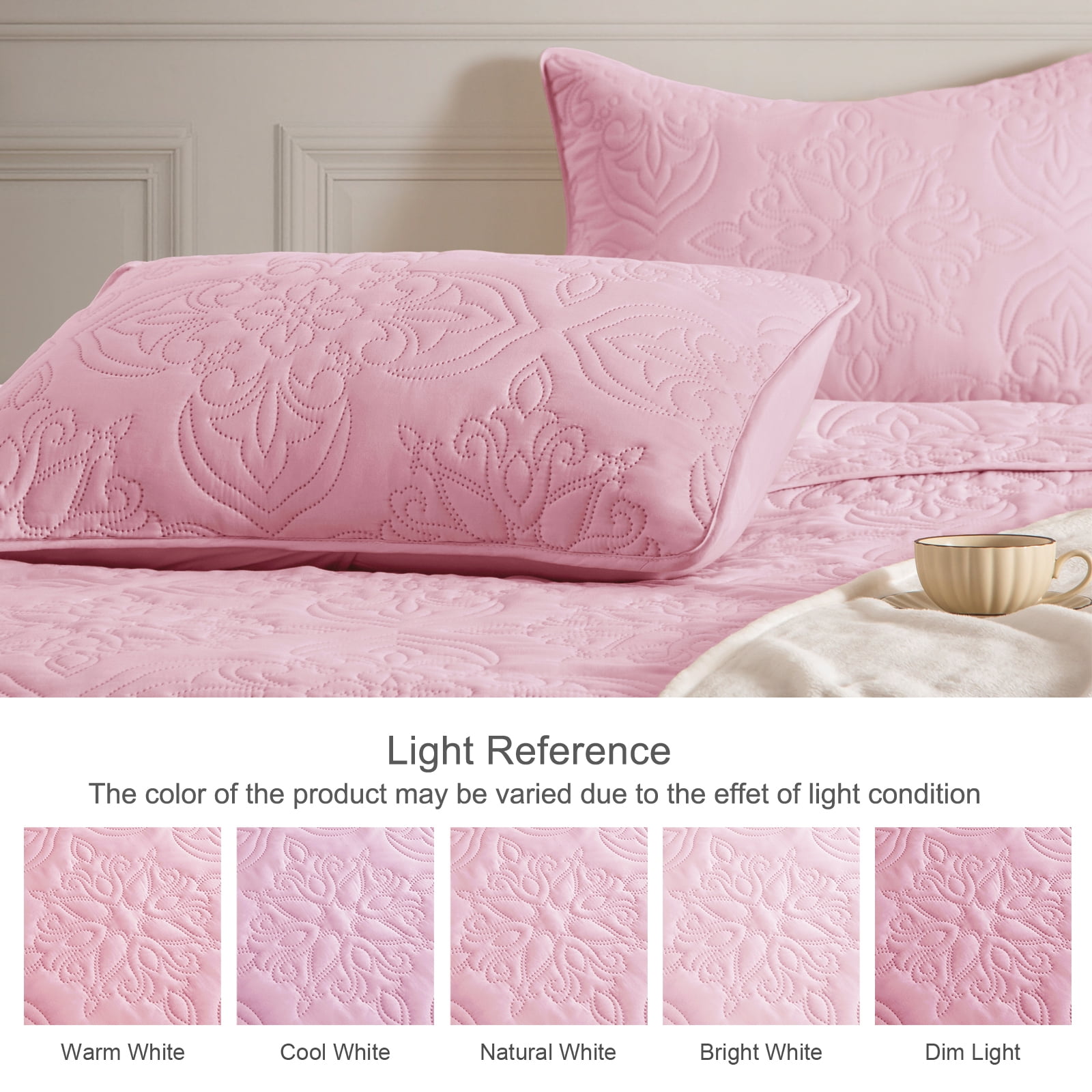 Whale Flotilla Soft Twin Quilt Bedding Set for All Seasons, Elegant Vintage Damask Ultrasonic Quilts Set, Lightweight Reversible Bedspread, Coverlet, Bed Cover with 1 Pillow Sham, Pink