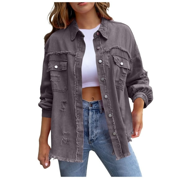 kamemir Jackets for Women Women's Fashion Long-Sleeved Denim Jacket With Burrs And Holes Gifts for Women(Grey,XXL)