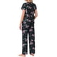 thumbnail image 3 of Pijamas para mujeres INSPIRE CHIC, camiseta de cuello en V de manga corta con pantalones de tiro ajustable, conjuntos de lounge impresos con bolsillos, L negro floral, 3 of 5