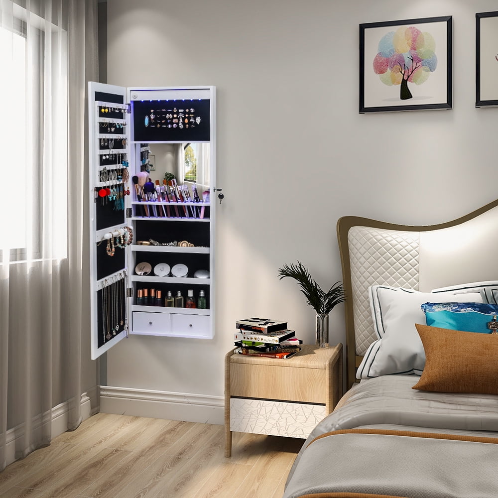 Kepooman Full Mirror Wooden Wall Mounted 3-Layer Shelf 17 Cosmetic Brush Holders With Inner Mirror 8 Blue LED Light Mirror Cabinets - White Kepooman Full Mirror Wooden Wall Mounted 3-Layer Shelf 17 Cosmetic Brush Holders With Inner Mirror 8 Blue LED Light Mirror Cabinets - White